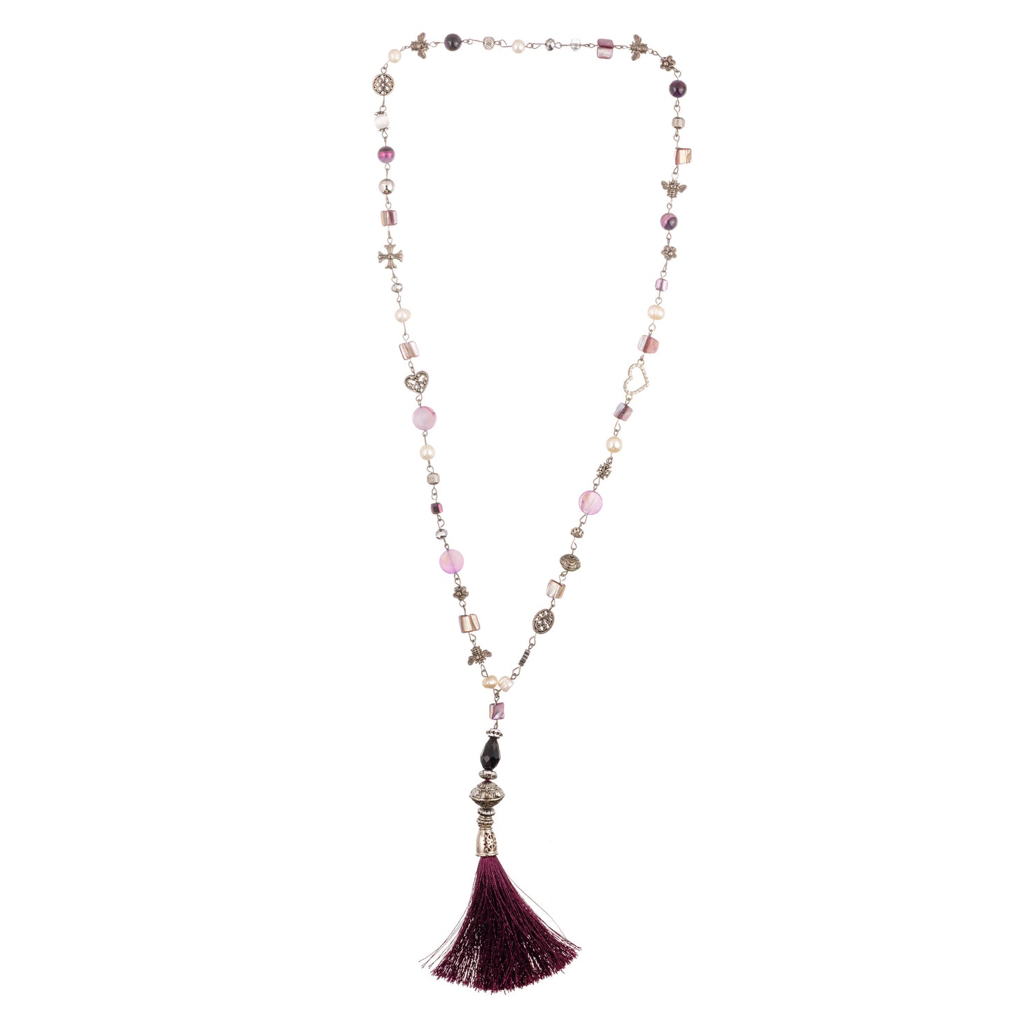 Boho 2 – colier handmade fashion cu pandantiv, realizat din mătase, sidef, perle naturale, onyx, hematit, sticlă și metal – în nuanțe elegante de roz, mov și argintiu – bijuterie feminină cu stil poetic, parte din colecția ‘Gamma Spirit – Bijuterii cu suflet liber și energie pământească’.