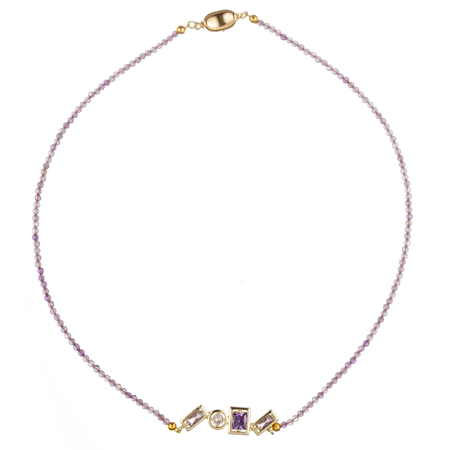 Colier Chic 1 cu design beaded, realizat manual din ametist și zirconiu, cu accente aurii, în nuanțe de mov și auriu, ideal pentru un look elegant de zi.