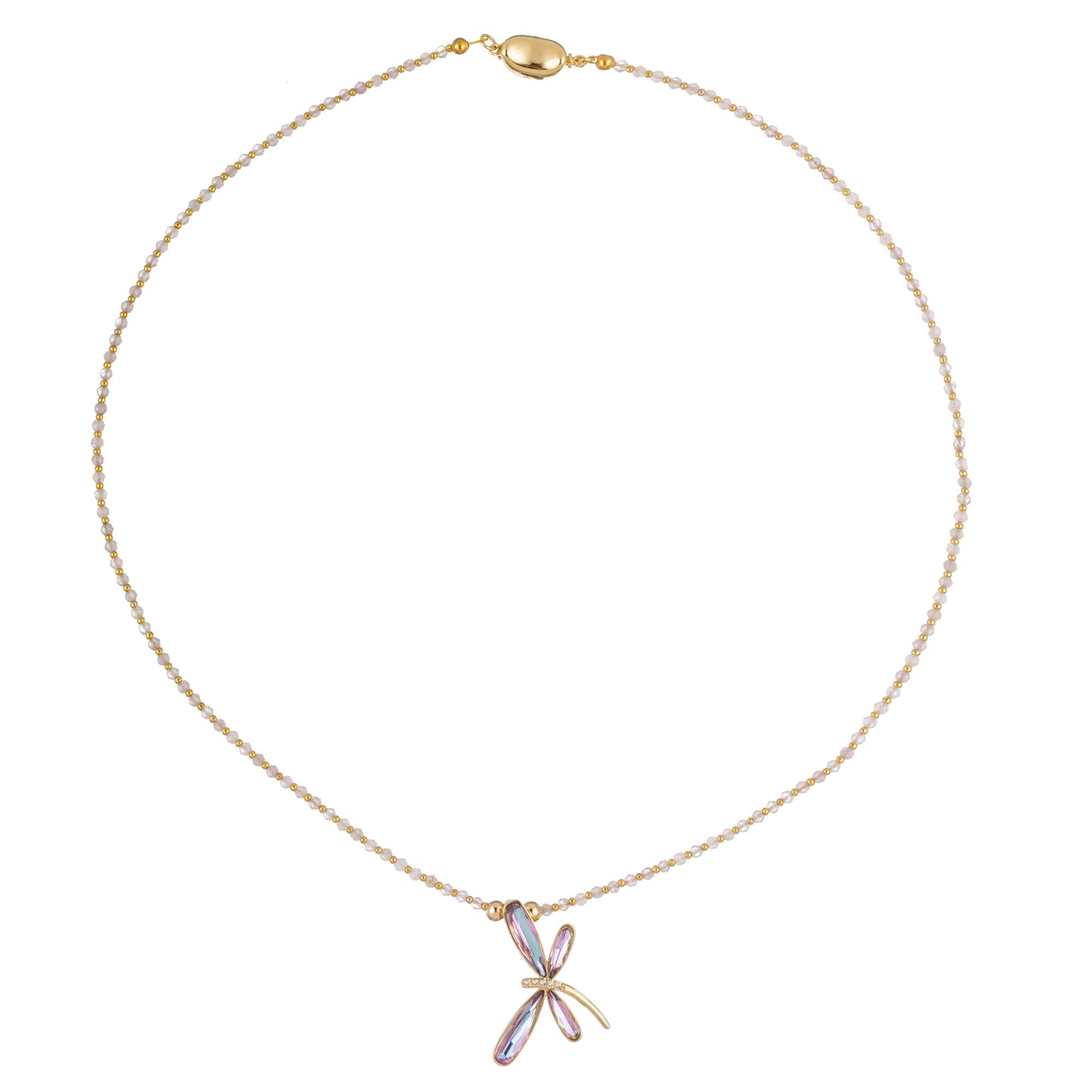 Colier Chic 2 cu pandantiv libelulă, realizat din ametist, zirconiu și mărgele aurii-roz; design boem, culori gold, pink și purple, ideal pentru un look feminin de vară.