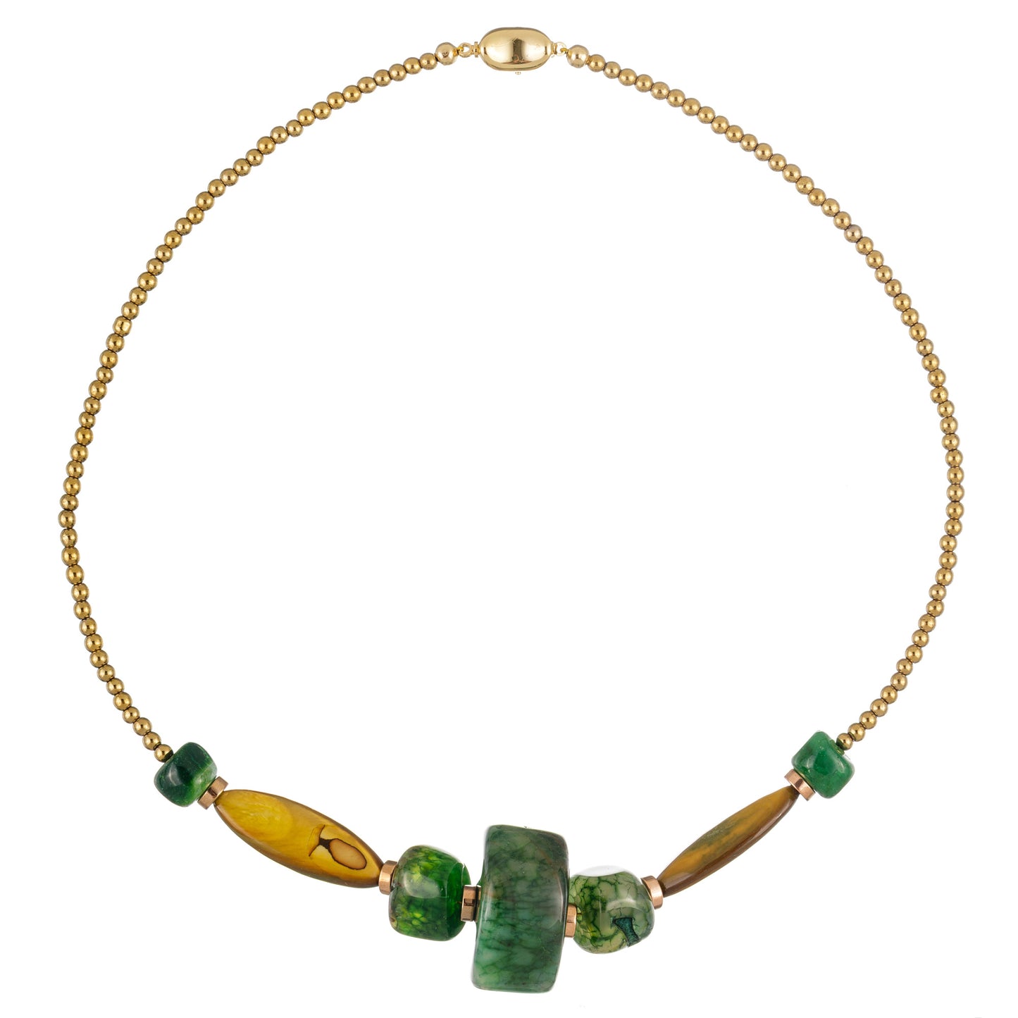 Gamma 2 – colier handmade fashion cu hematit, agat, sidef, sticlă și elemente metalice, în nuanțe naturale de verde, galben-auriu și gold – design beaded elegant, inspirat de energia pământului, din colecția ‘Gamma Spirit – Bijuterii cu suflet liber și vibrație creativă’.