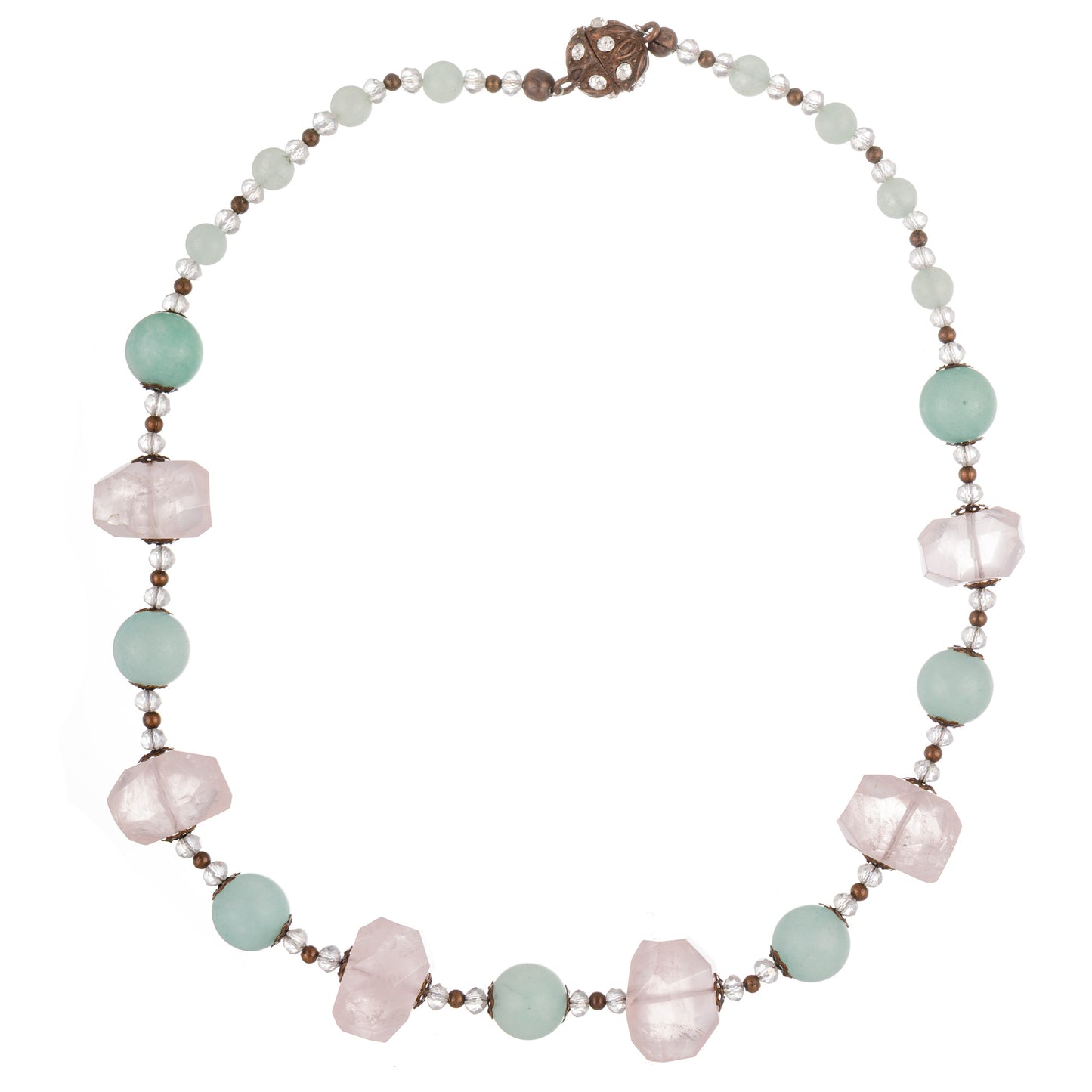 Jolie 2 – colier handmade beaded cu jad, cuarț și sticlă, în nuanțe vibrante de roz, turcoaz și bronz – un accesoriu feminin și proaspăt, perfect pentru un look atemporal.