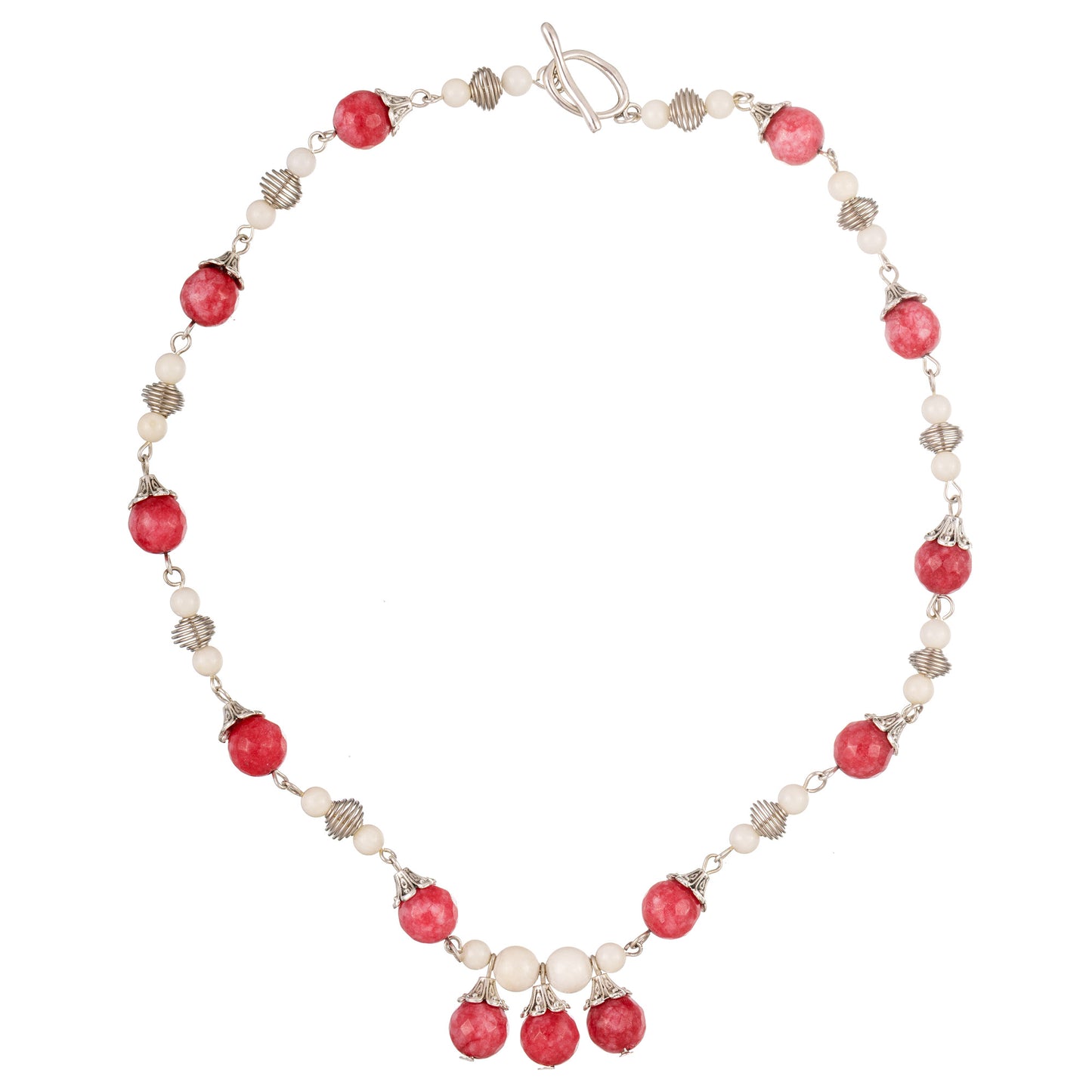 Colier Nomad 2 handmade cu sidef, howlit, Miyuki, metal și sticlă, în nuanțe alb, roșu și argintiu; design beaded statement feminin, cu vibrație pasională și estivală.