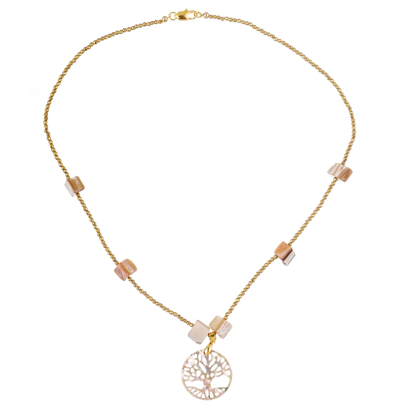 Colier fashion pentru femei cu mărgele bej și pandantiv în formă de copac, realizat din sidef și hematit, montat pe fir auriu – design poetic și elegant.