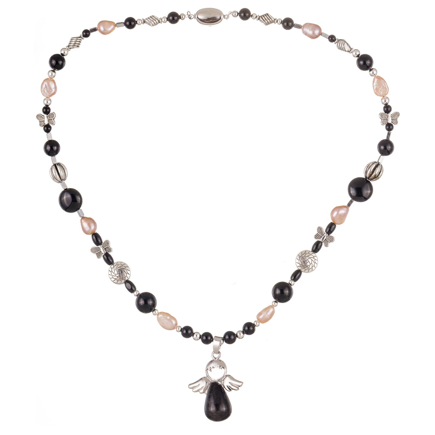 Splendor 3 – colier handmade cu onix, hematit și perle de cultură, în nuanțe elegante de negru, argintiu și roz, cu pandantiv simbolic ce exprimă feminitate poetică.