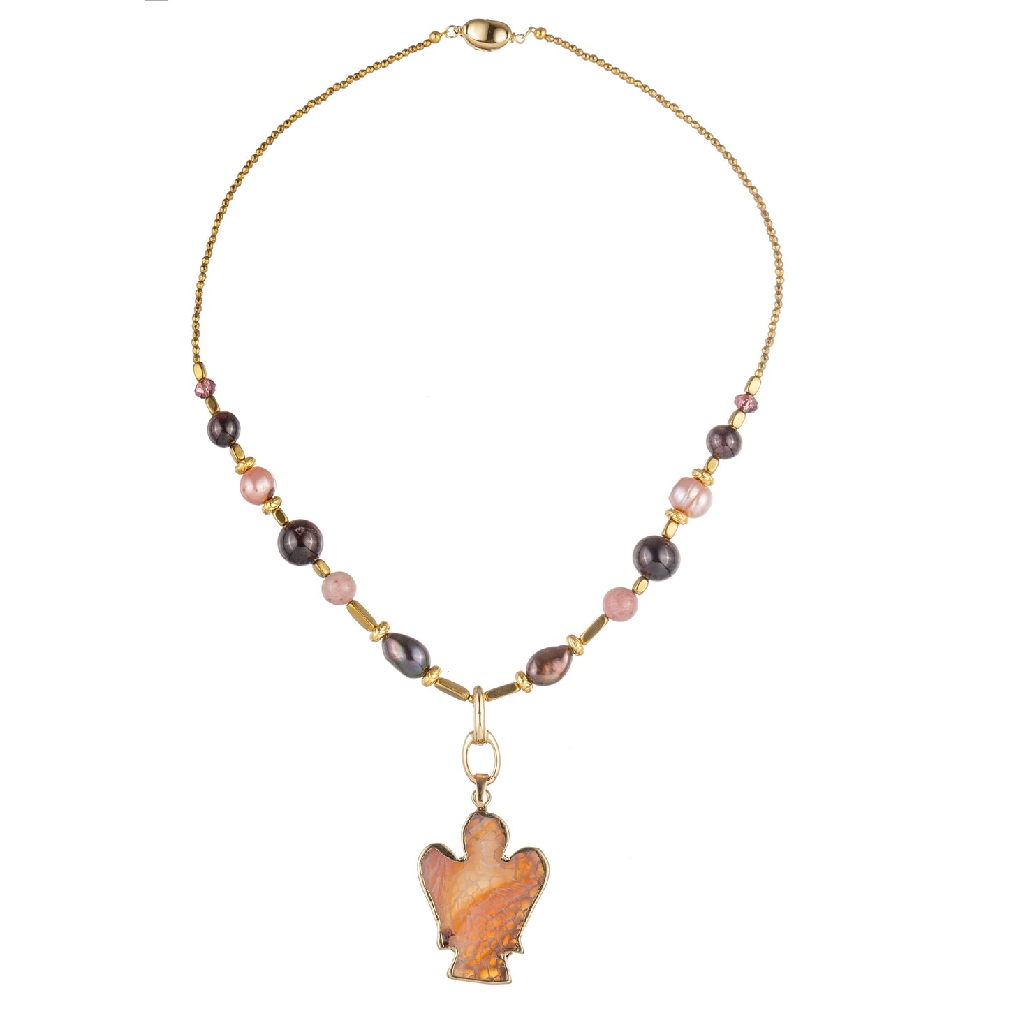 Splendor 7 – colier handmade cu agat, hematit, perlă de cultură și pandantiv înger, în nuanțe calde de roz, auriu, negru și violet – un simbol al armoniei dintre lumină și mister.