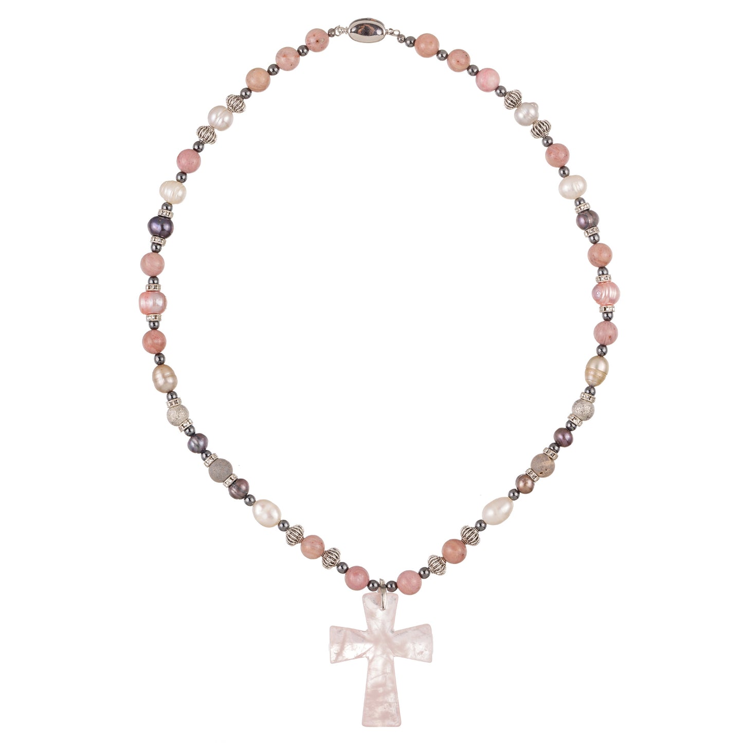 Colier handmade pastel cu cruce decorativă — perle, jad, agat, hematit, cuarț, 53 cm, cu pandantiv de 5 cm.