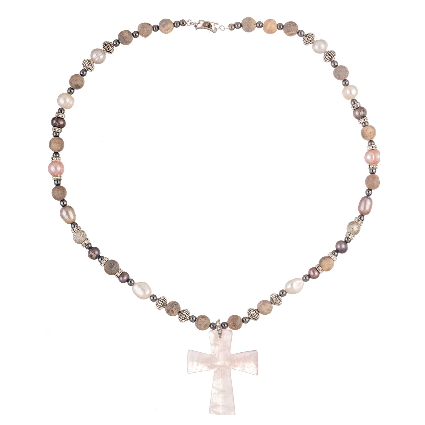 Colier handmade alb-negru cu pandantiv-cruce și mărgele Murano, agate, onyx și magnezit.