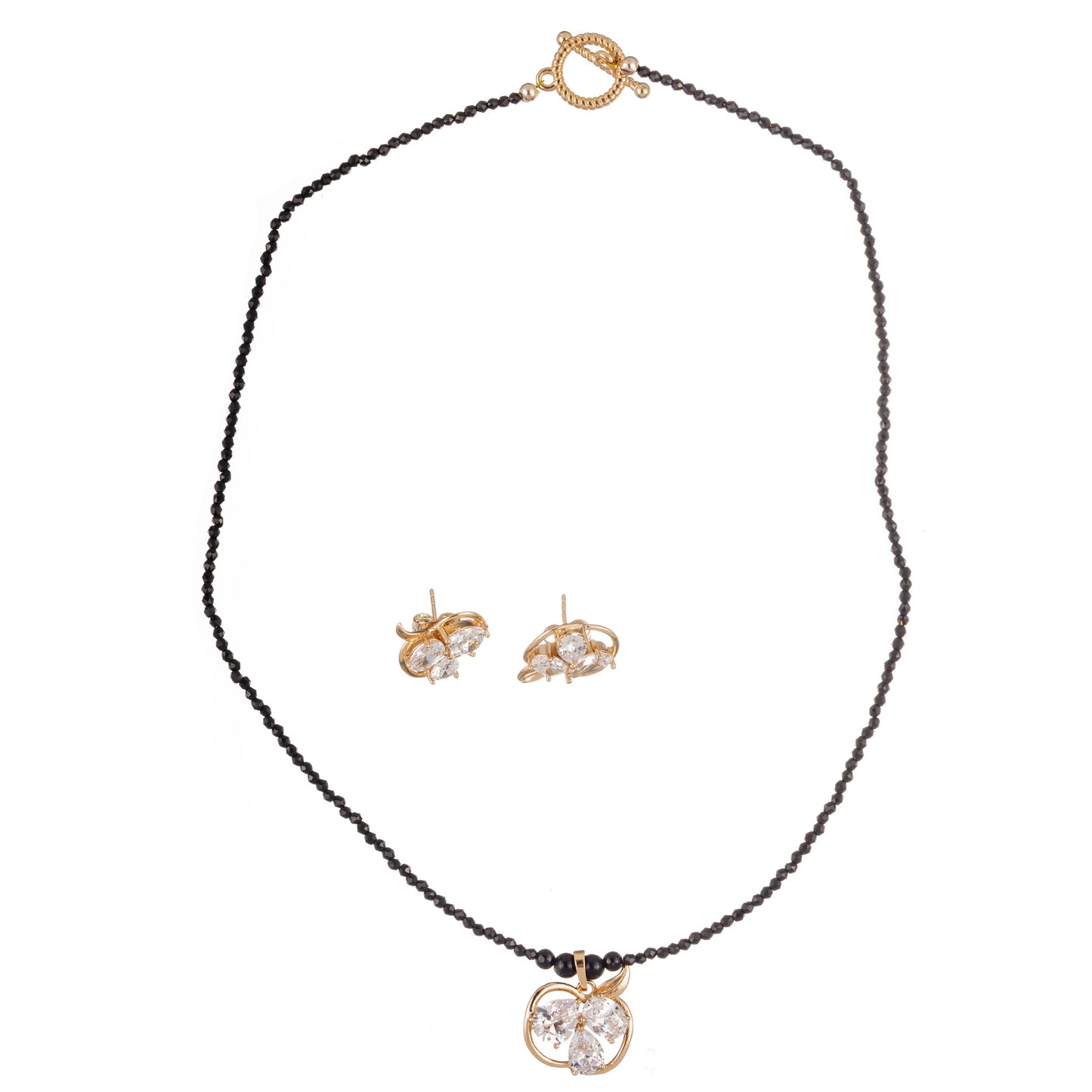 Set bijuterii „Accord 1” cu colier și cercei din mărgele negre, pietre transparente și montură aurie — design elegant, fashion handmade.