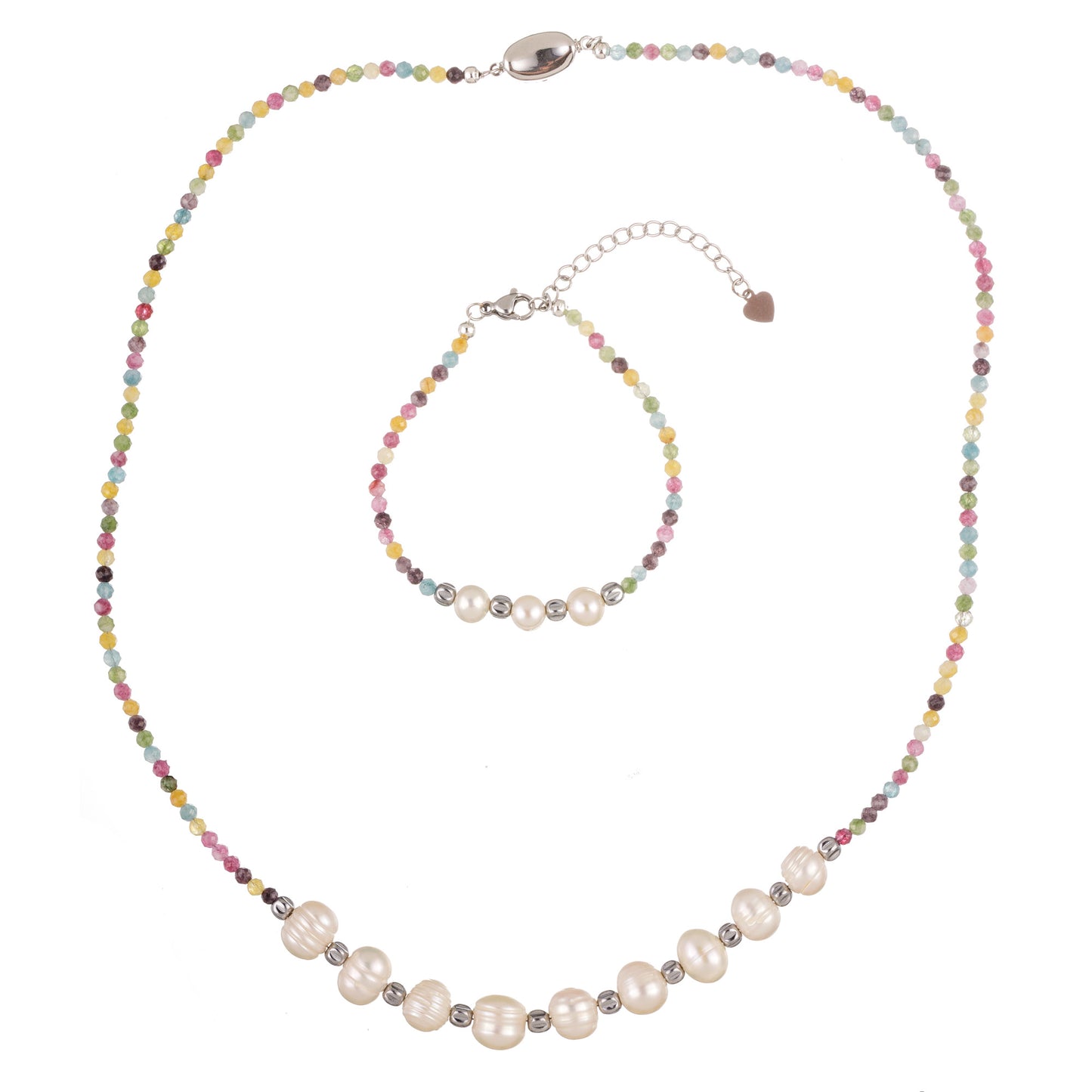 Set colier și brățară din perle albe, turmalină și hematit cu mărgele florale — un accesoriu feminin, colorat și elegant.