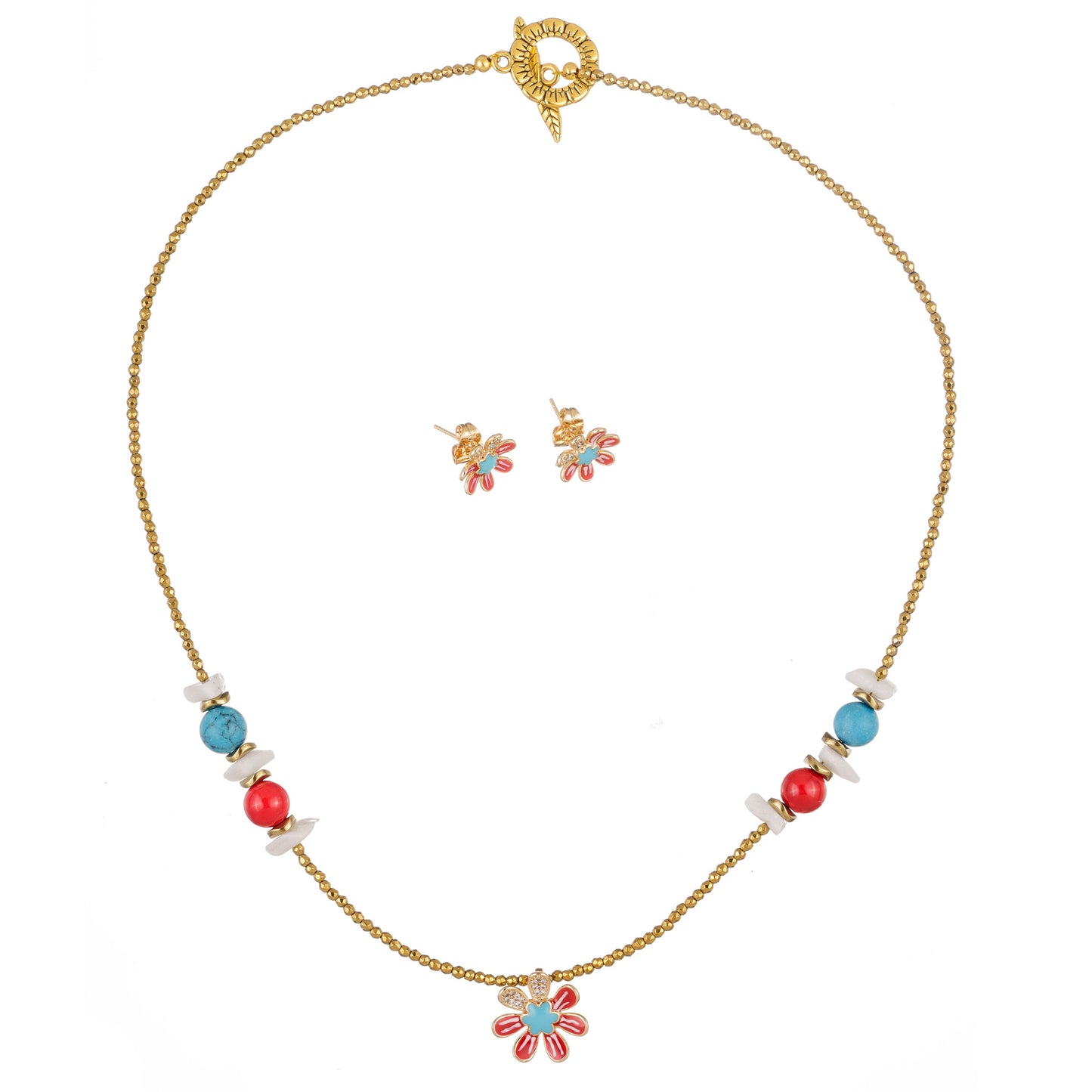 Set bijuterii Accord 7 cu colier și cercei din coral roșu, howlit turcoaz și sidef alb – design floral vibrant pentru femei.