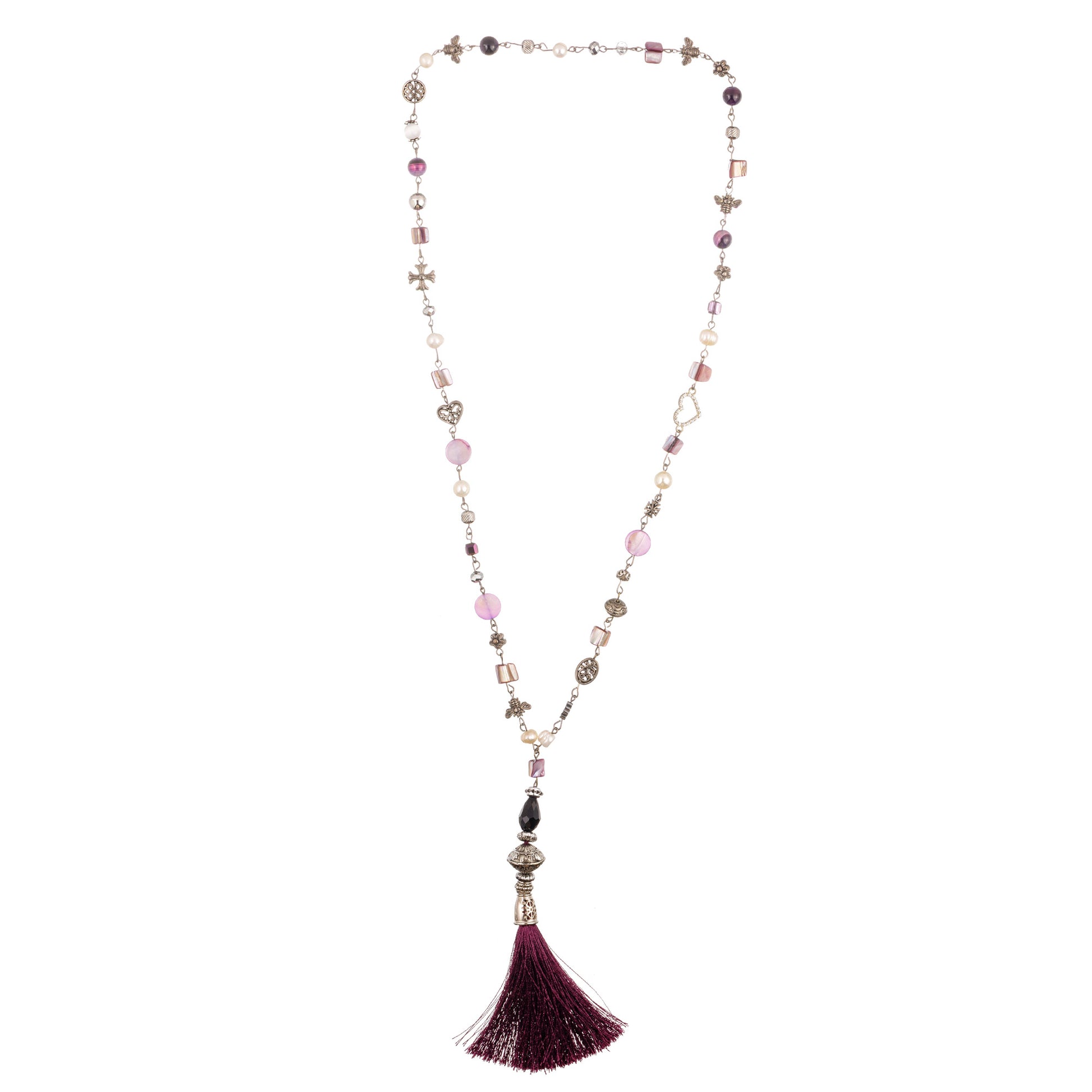 Boho 2 – colier handmade fashion cu pandantiv, realizat din mătase, sidef, perle naturale, onyx, hematit, sticlă și metal – în nuanțe elegante de roz, mov și argintiu – bijuterie feminină cu stil poetic, parte din colecția ‘Gamma Spirit – Bijuterii cu suflet liber și energie pământească’.