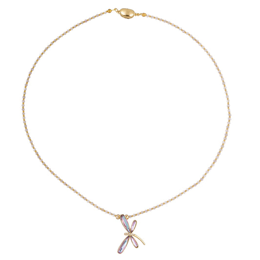 Colier Chic 2 cu pandantiv libelulă, realizat din ametist, zirconiu și mărgele aurii-roz; design boem, culori gold, pink și purple, ideal pentru un look feminin de vară.