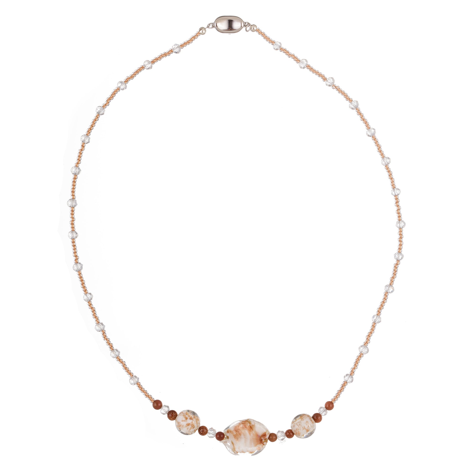 Colier Chic 5 cu mărgele din sticlă Murano, pietre Piatra Soarelui, cristal și metal — design beaded elegant în tonuri albe, maro și rose gold.