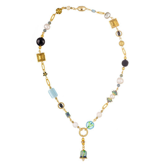Colier Nomad 3 cu mărgele din onix, perle de cultură, jad și metal, lucrat manual în nuanțe black, gold, light blue și turquoise; bijuterie statement cu design beaded-pendant, ideală pentru un look liber și rafinat de vară.