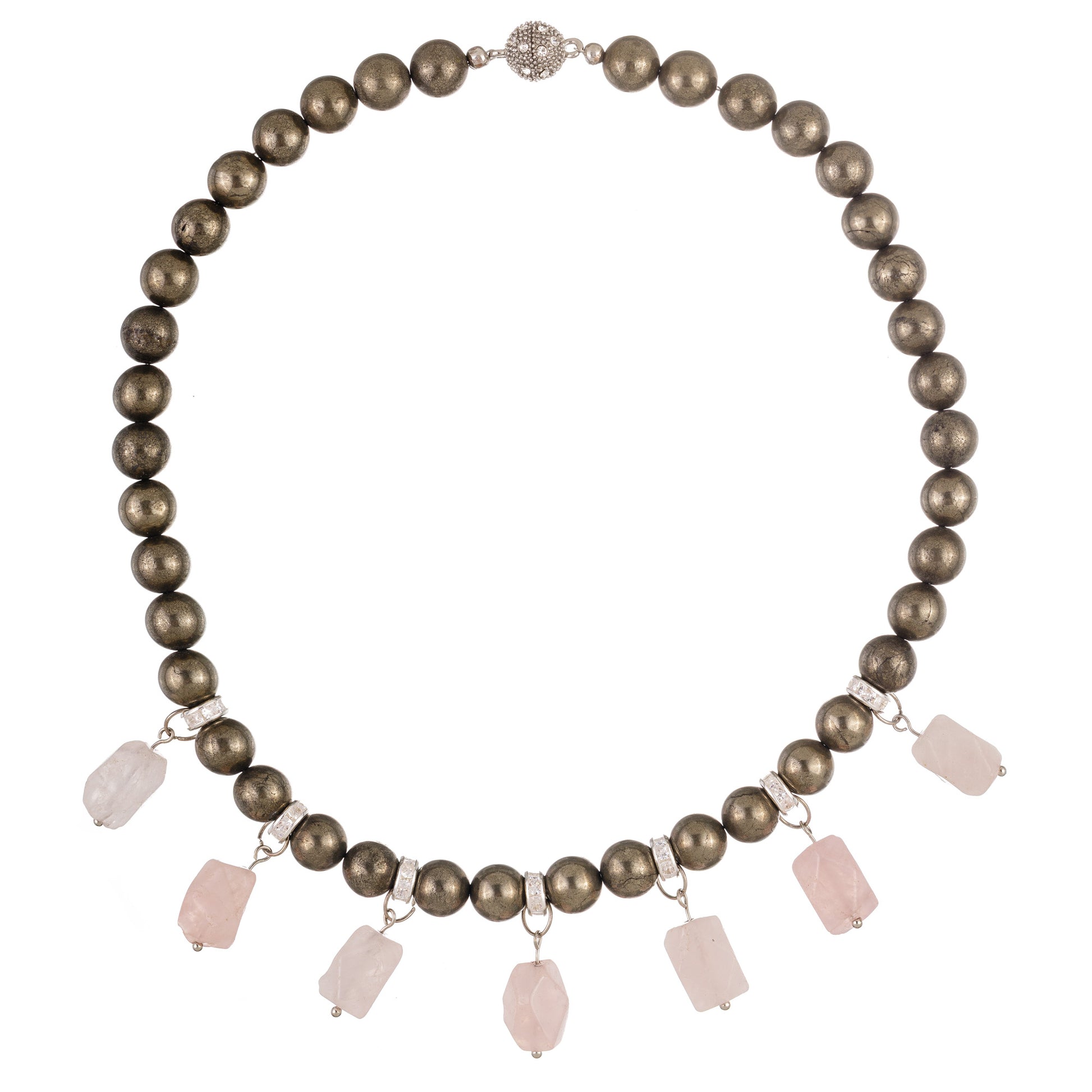 Simfonie 1 – colier handmade statement cu pirită, cuarț și metal, în nuanțe moderne de roz, gri, argintiu și verde metalizat – un accesoriu beaded sofisticat din colecția ‘Atemporal – Frumusețea care nu ține cont de timp’.