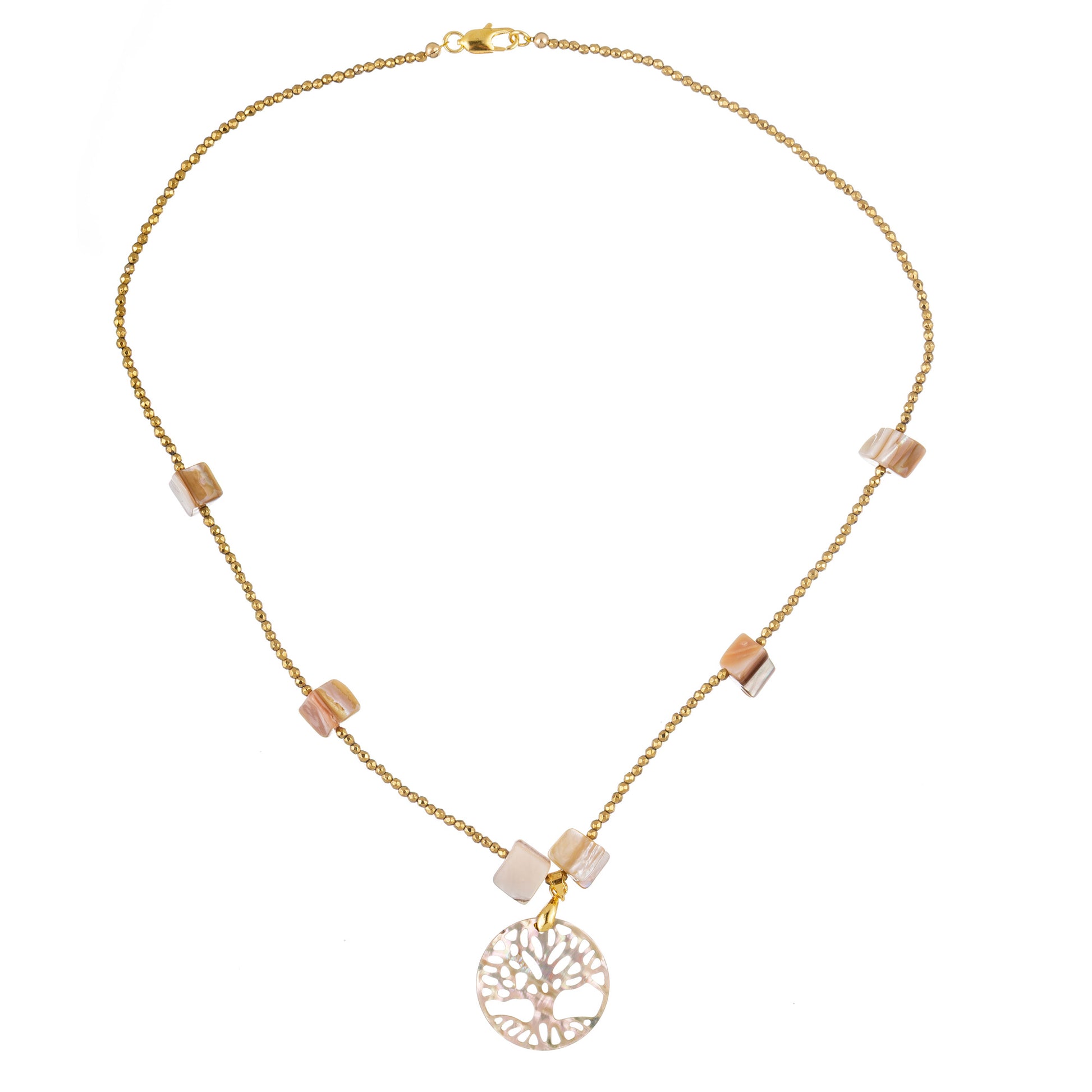 Colier fashion pentru femei cu mărgele bej și pandantiv în formă de copac, realizat din sidef și hematit, montat pe fir auriu – design poetic și elegant.