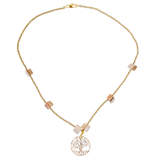 Colier fashion pentru femei cu mărgele bej și pandantiv în formă de copac, realizat din sidef și hematit, montat pe fir auriu – design poetic și elegant.