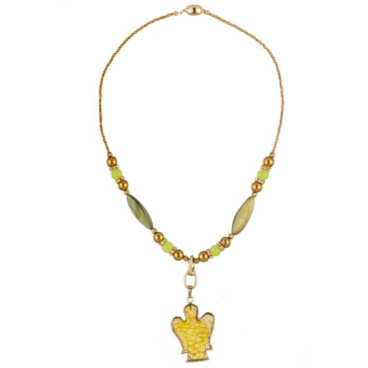Splendor 6 – colier handmade cu agat verde, hematit, jad și sidef, în nuanțe luminoase de verde, galben și auriu, cu design solar și feminin – parte din colecția ‘Divin – armonia și frumusețea spiritului.