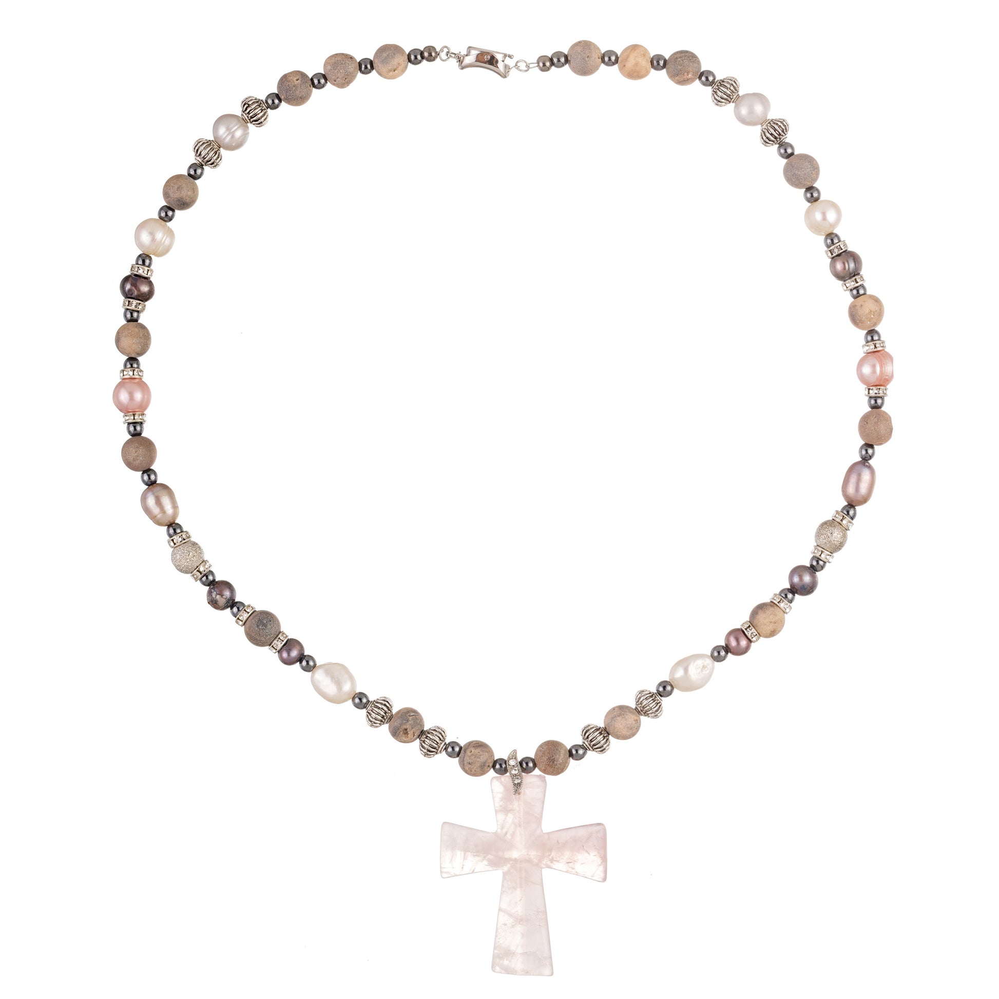 Colier handmade alb-negru cu pandantiv-cruce și mărgele Murano, agate, onyx și magnezit.
