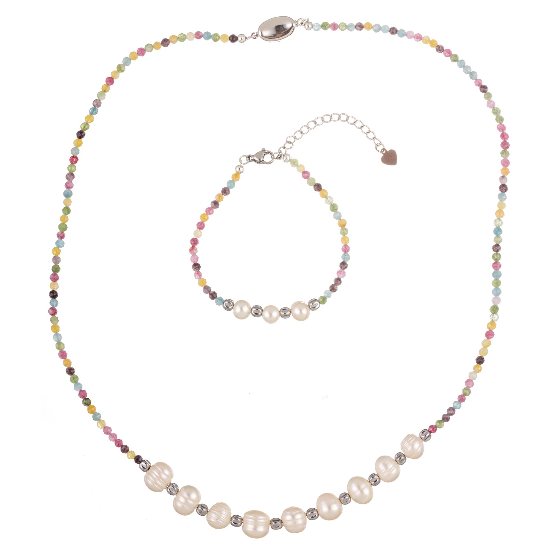 Set colier și brățară din perle albe, turmalină și hematit cu mărgele florale — un accesoriu feminin, colorat și elegant.