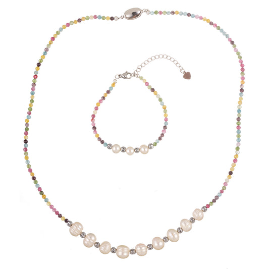 Set colier și brățară din perle albe, turmalină și hematit cu mărgele florale — un accesoriu feminin, colorat și elegant.