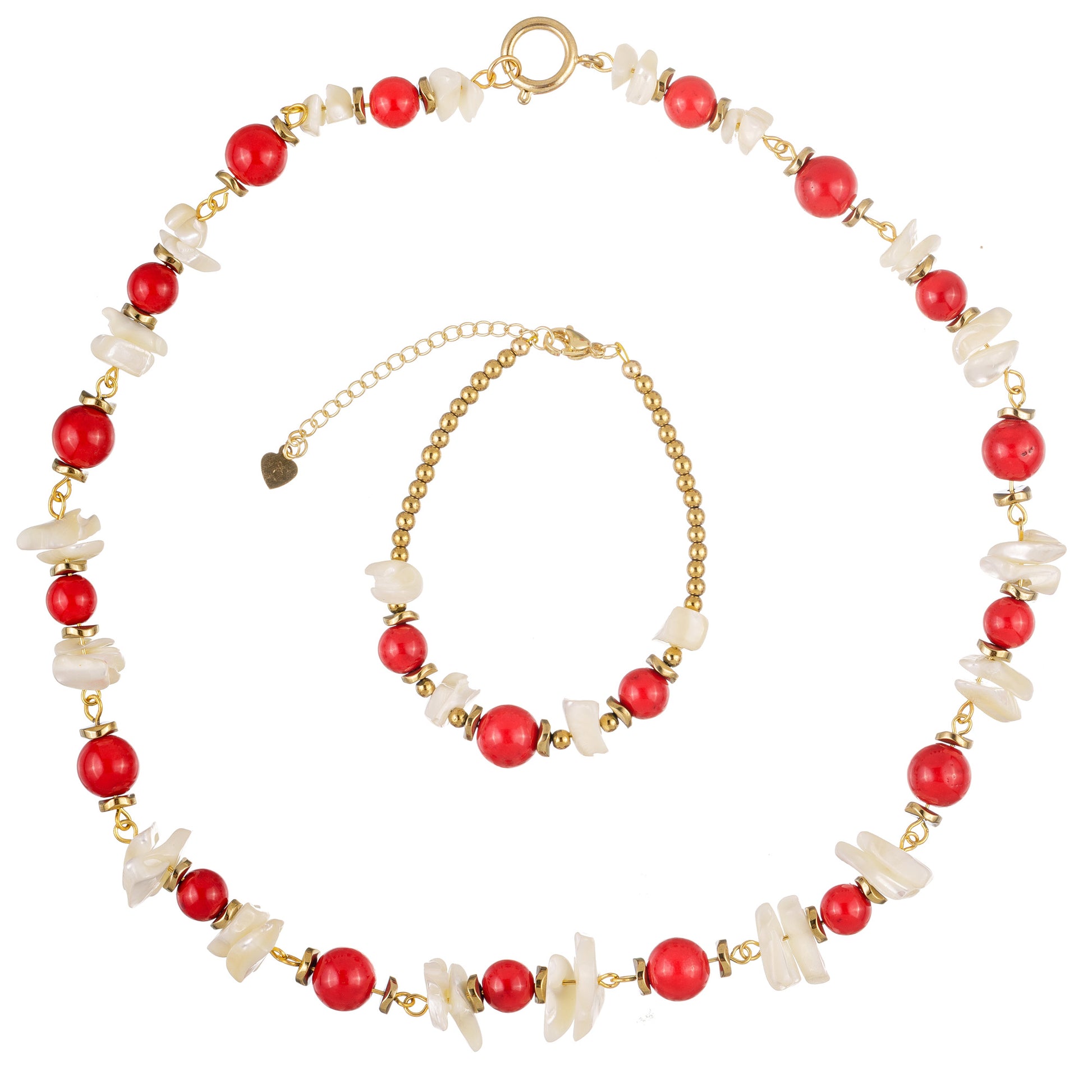 Colier și brățară din coral roșu, hematit și sidef alb — bijuterii beaded pentru femei, stil vibrant și elegant.