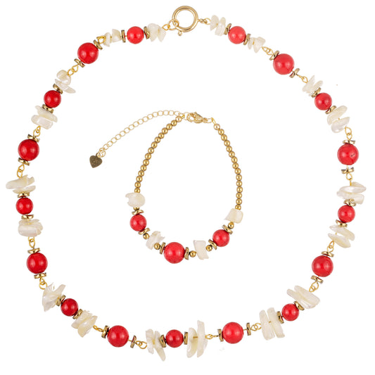 Colier și brățară din coral roșu, hematit și sidef alb — bijuterii beaded pentru femei, stil vibrant și elegant.