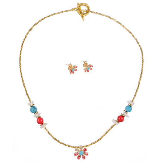 Set bijuterii Accord 7 cu colier și cercei din coral roșu, howlit turcoaz și sidef alb – design floral vibrant pentru femei.